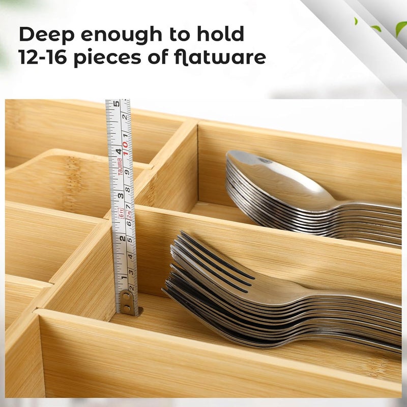 Fabsome Silverware Organizer for Kitchen Drawers, 2.5'' Deep 12.8'' Wide Bamboo Wood Flatware Tray with Deep Slots for Large Cutlery Utensil Drawer - Image 3